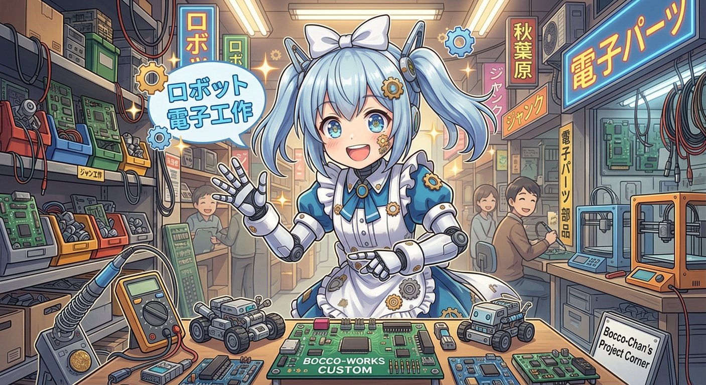Bocco-chan happily talking about ロボット 電子工作 at Akihabara maker space